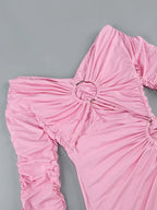Pink Hollow Out Long Sleeved V - Neck Mini Dress
