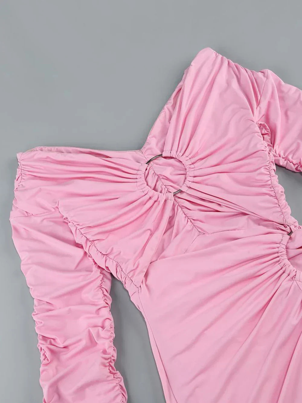 Pink Hollow Out Long Sleeved V - Neck Mini Dress