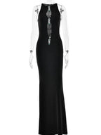 Hollow Out Pearl Tassel Black Long Dress