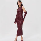 Off - Shoulder Strapless Faux Leather Patchwork Dress