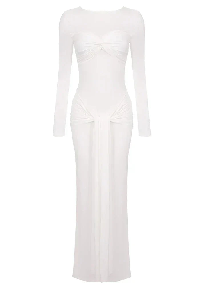 Long Sleeve Pleated Draped Maxi Dress