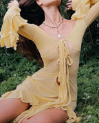 Summer Slim - Fit See - Through V - Neck Long Sleeve Dress