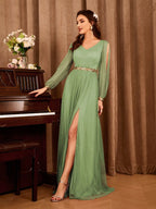 Gauze Applique Slit Vneck Maxi Dress