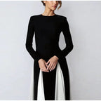 Pleated Patchwork Long Sleeve Maxi Dress