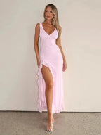 Ruffled Edge Slit Two Shoulder Straps Long Dress