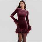 Long Sleeve Slim Sequins Feather Dress