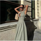 Sleeveless Spliced Zipper V-Neck Pleated Work Dress
