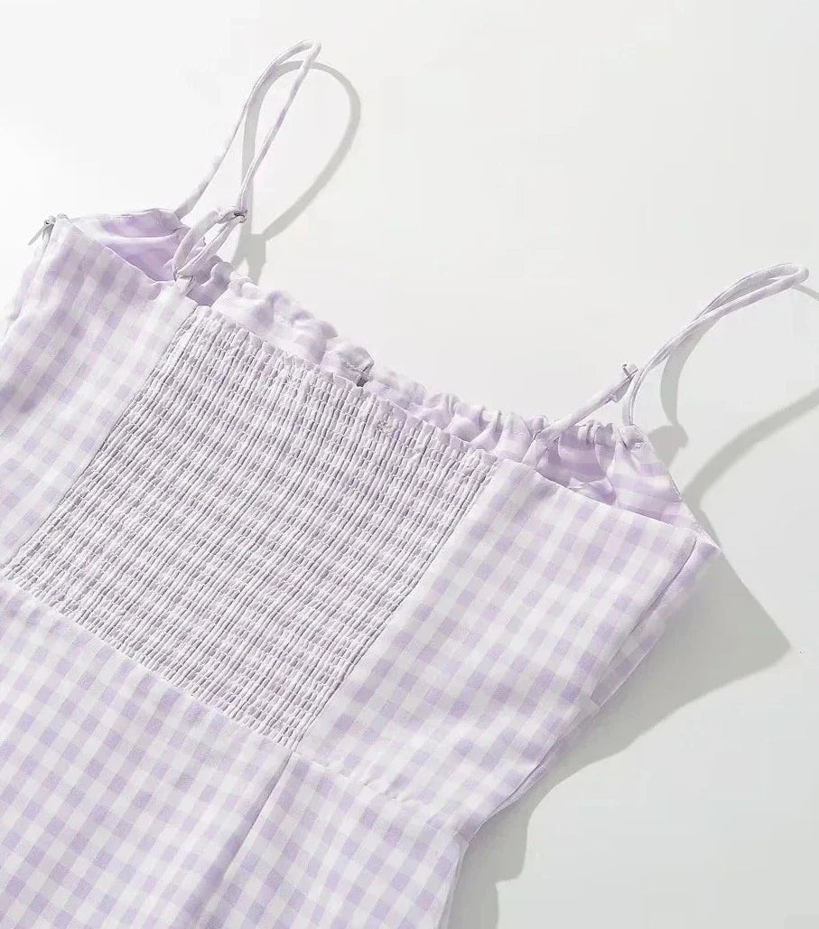 Spaghetti Strap Tie Up Plaid Pink Midi Dress