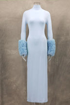 Ruffle Pleated Sleeve Blue Long Dress for Women
