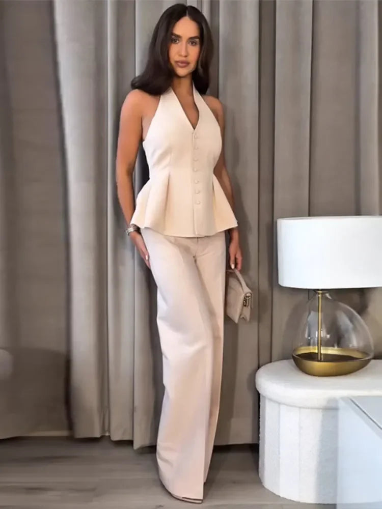 Halter VNeck Straight Pant Suit