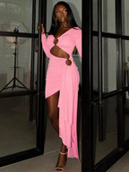 Pink Hollow Out Long Sleeved V - Neck Mini Dress