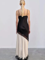 Sling V-Neck Colorblock Backless Long Lace Dress