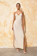 Solid Backless Halter Knit Slit Maxi Dress
