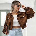 Cropped Corduroy Lantern Sleeve Jacket