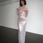 O - neck Full Sleeve Solid Color Mesh Dress