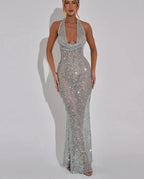 Sequins Crochet Halter Swinging Neck Long Dress