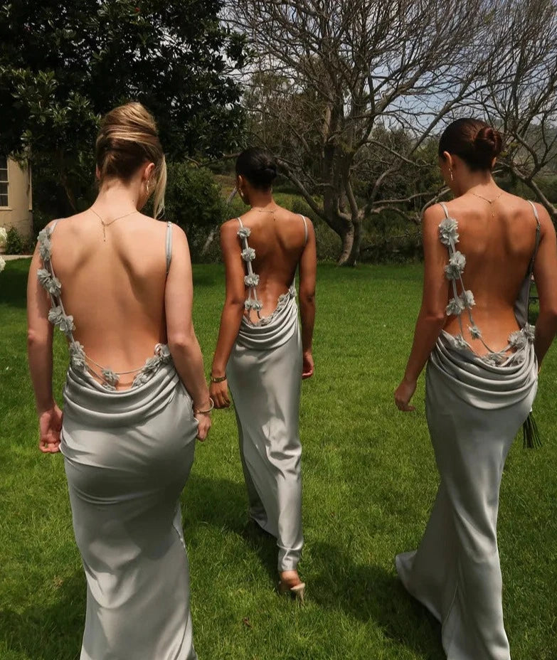 3D Flower Draped Open Back Maxi Dress