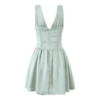 Stain Pleated Ruched Strap Bow Folds Hem Mini Dress