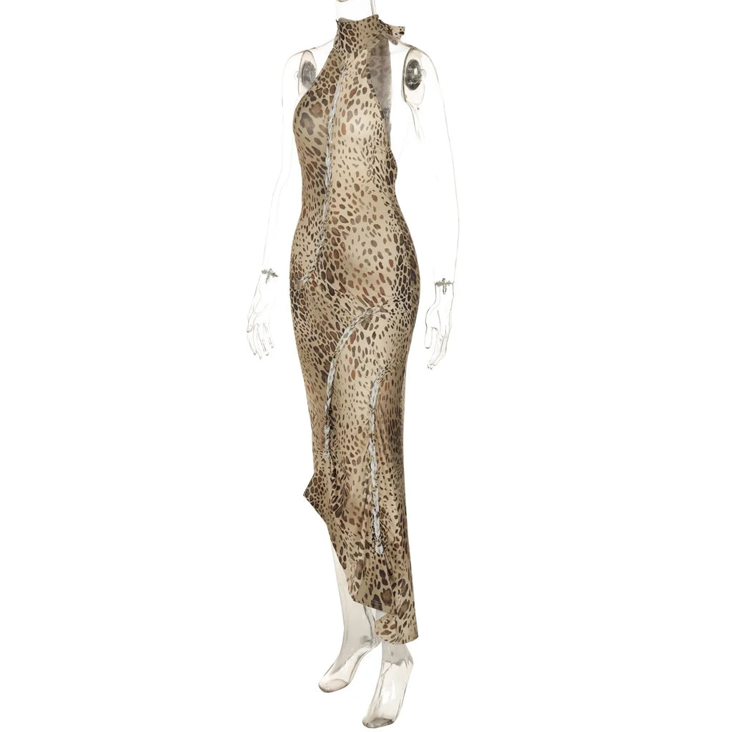 Halter Leopard Embellished Long Dress