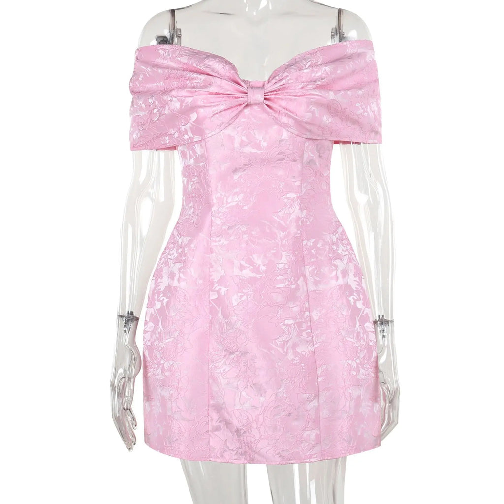Bow Off Shoulder Backless A - line Jacquard Party Dress