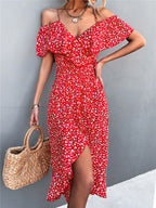 Olga Minimalist Dress Flowers and Off Shoulder Elevated Occasion Wear