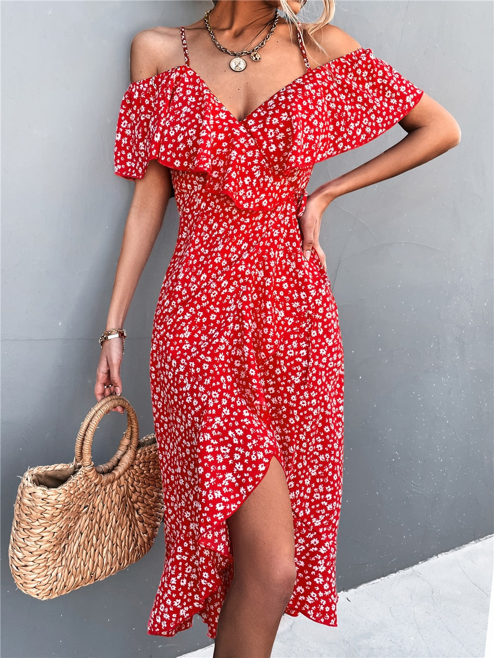 Olga Minimalist Dress Flowers and Off Shoulder Elevated Occasion Wear
