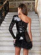 Gloria Effortless One Shoulder Glitter Dress with Feathers Statement Occasion Edit
