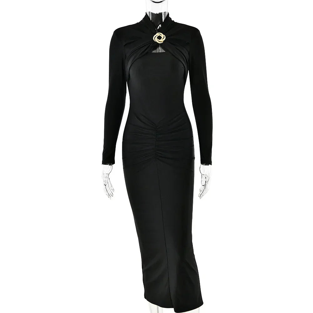 Long Sleeved Pleated Hollowed Out Maxi Dress