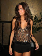V Neck Sequin Embroidered Backless Cami Top