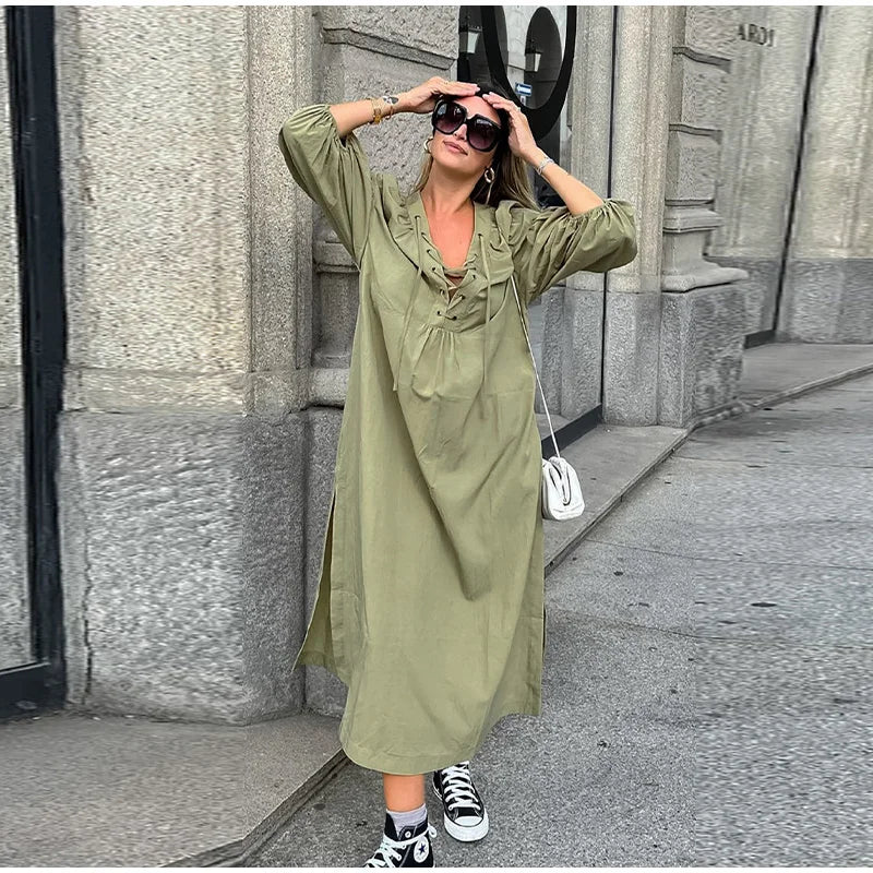 Casual Street Lace Up Long Dresses Women Chic Loose V neck Side Slit Solid Dress Female Summer Versatiel Street Party Robes