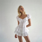 Pleated Puff Sleeve Ruffle V Neck Mini Dress