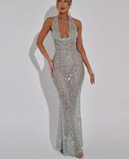 Sequins Crochet Halter Swinging Neck Long Dress