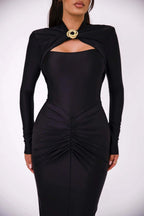 Long Sleeved Pleated Hollowed Out Maxi Dress