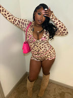 Leopard Zip Biker Shorts Knit Set