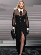 Lapel Mesh Patchwork Button Black Long Dress