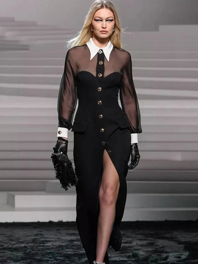 Lapel Mesh Patchwork Button Black Long Dress