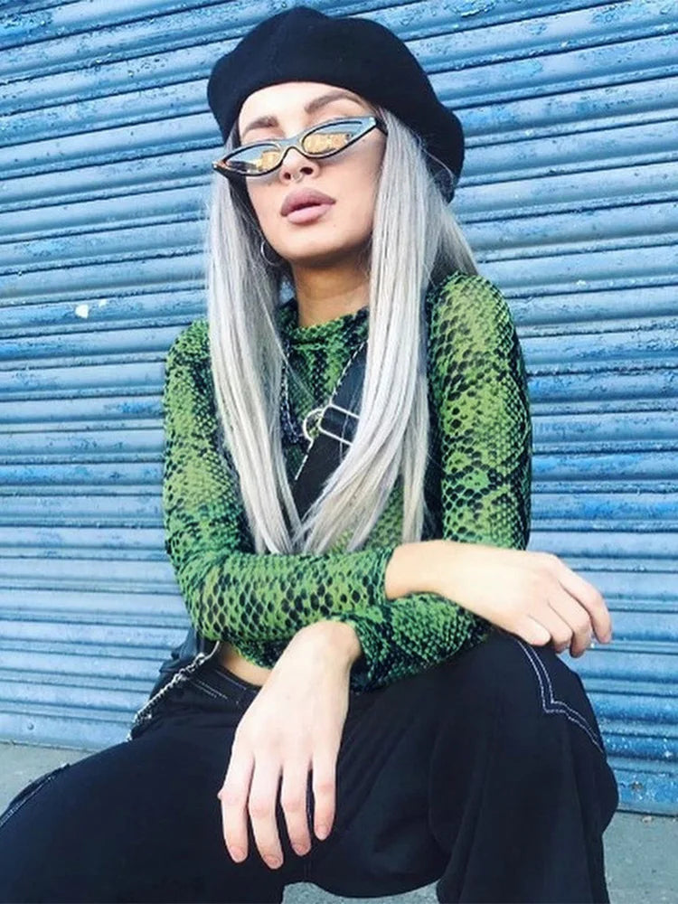 Casual Green Snake Print Mesh Sheer Top