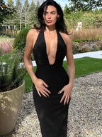 Ruched Deep V-neck Halter Midi Dress