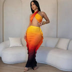 Gradient Halter Crop Top Ruffles Three Piece Swim Sets