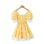 Print Puff Sleeve Ruffles Lace - up Mini Dress