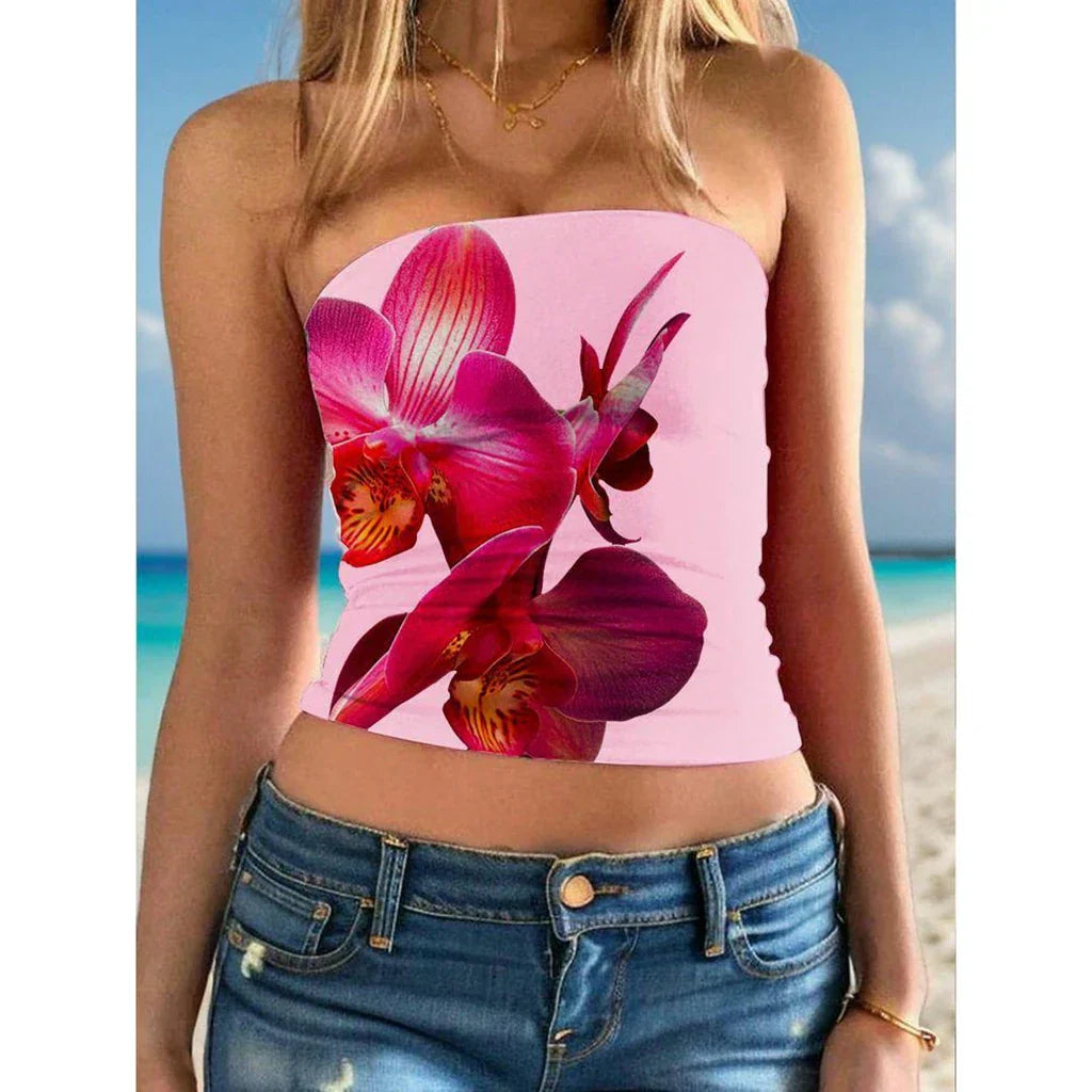 Floral Print Show Navel Strapless
