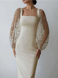 Isabella Boutique Evening and Party Dress with Square Neckline and Long Sleeves Premium Wardrobe Essential