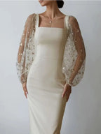 Selena Aesthetic Evening and Party Dress with Square Neckline and Long Sleeves Premium Wardrobe Essential