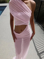 Mesh Backless One - Shoulder Long Dress