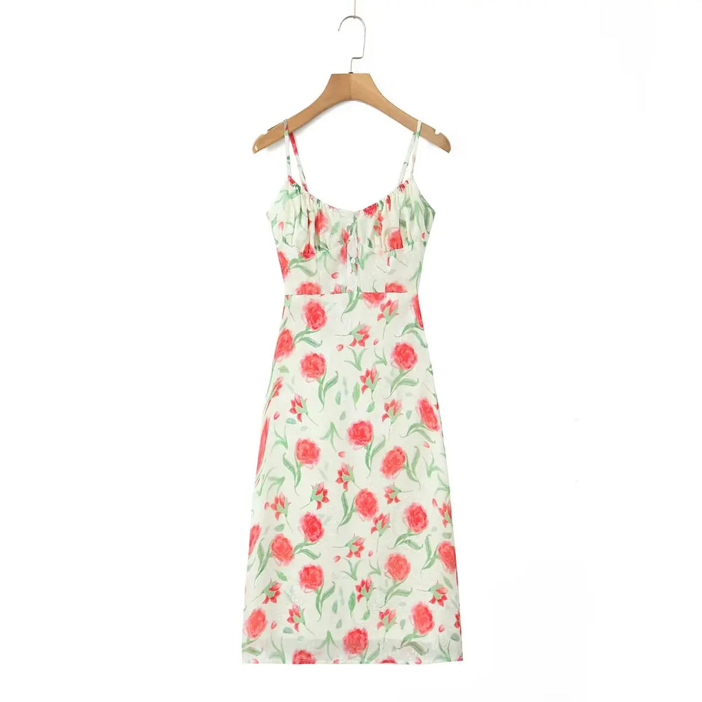 Large Flowers Elastic Buttons Midi Dress