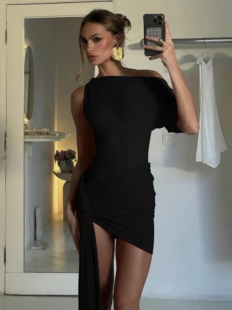Oblique - Shoulder Backless Irregular Draped Dress