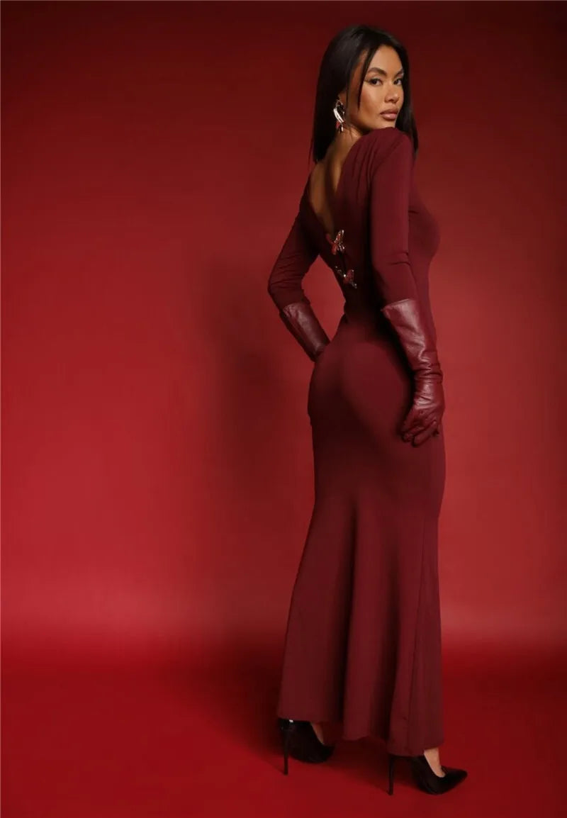 Two Butterfly Long Sleeve Maxi Dress