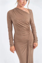 Long Sleeve Ruched Maxi Dress with Thigh - High Split