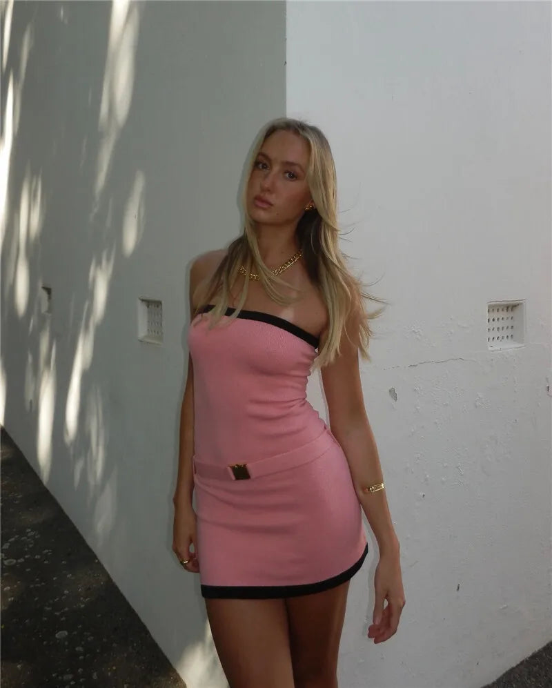 Two - Tone Strapless Ribbed Belt Mini Dress