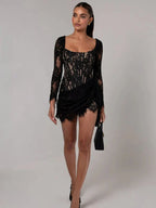 Corset Draped Square Collar Ruched Lace Dress